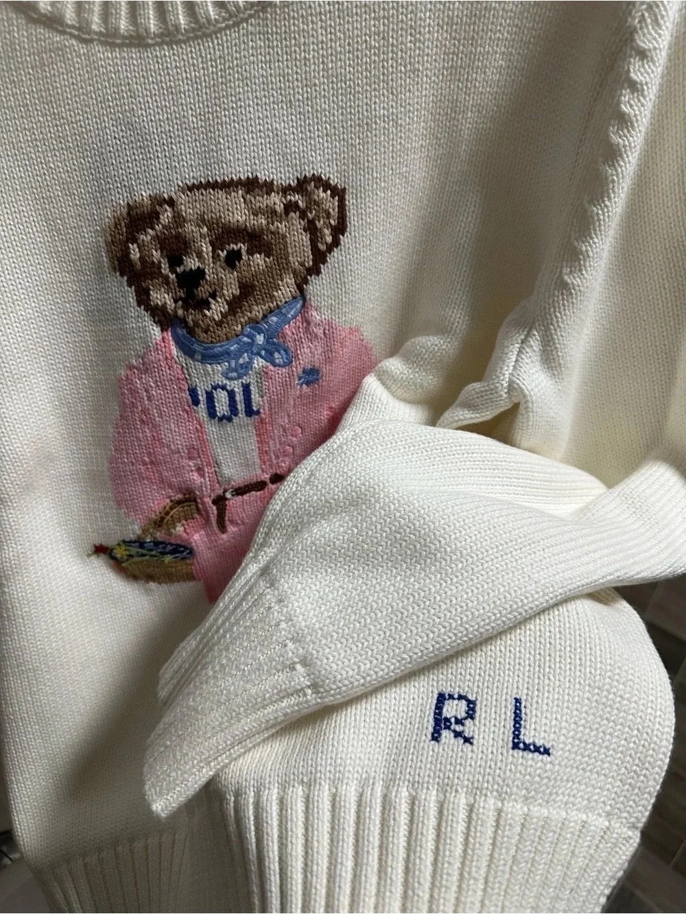 Polo by Ralph Lauren Cream Teddy Bear Crewneck Sweater with Pink Coat - Picture 5 of 5